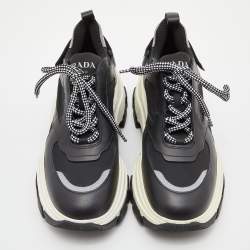 Prada Black/Grey Leather and Fabric Low Top Sneakers Size 39