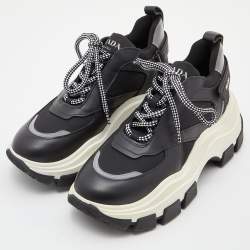 Prada Black/Grey Leather and Fabric Low Top Sneakers Size 39