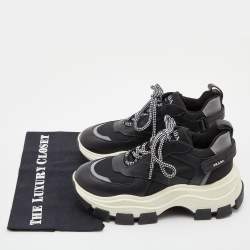 Prada Black/Grey Leather and Fabric Low Top Sneakers Size 39