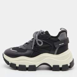 Prada Black/Grey Leather and Fabric Low Top Sneakers Size 39