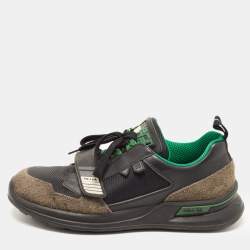 Prada Black/Green Leather and Mesh Mechano Sneakers Size 42.5 