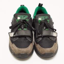 Prada Black/Green Leather and Mesh Mechano Sneakers Size 42.5 