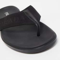 Prada Black Fabric and Leather Thong Flat Sandals Size 42