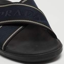 Prada Blue/Black Leather and Fabric Logo Tape Crisscross Slide Sandals Size 42