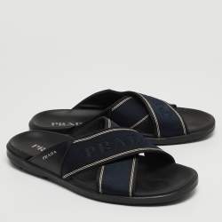 Prada Blue/Black Leather and Fabric Logo Tape Crisscross Slide Sandals Size 42