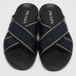 Prada Blue/Black Leather and Fabric Logo Tape Crisscross Slide Sandals Size 42