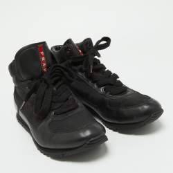 Prada Black Leather and Canvas High Top Sneakers Size 41
