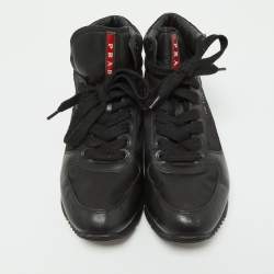 Prada Black Leather and Canvas High Top Sneakers Size 41