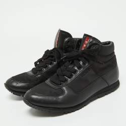 Prada Black Leather and Canvas High Top Sneakers Size 41