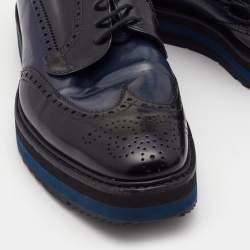 Pre Owned Prada Black/Navy Blue Patent Leather Brogue Oxford Sneakers Size 39
