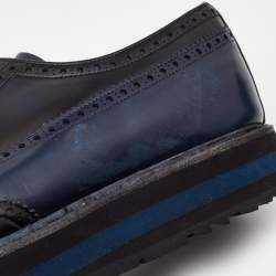 Pre Owned Prada Black/Navy Blue Patent Leather Brogue Oxford Sneakers Size 39