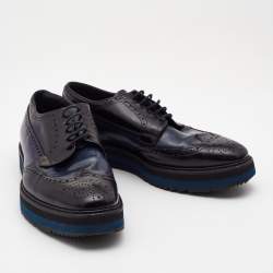 Pre Owned Prada Black/Navy Blue Patent Leather Brogue Oxford Sneakers Size 39