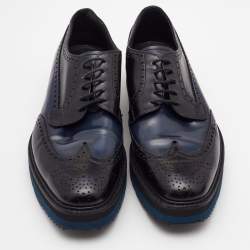 Pre Owned Prada Black/Navy Blue Patent Leather Brogue Oxford Sneakers Size 39