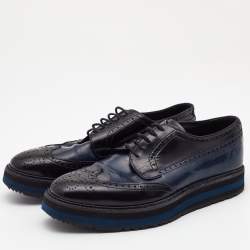 Pre Owned Prada Black/Navy Blue Patent Leather Brogue Oxford Sneakers Size 39