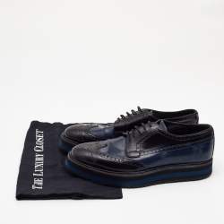 Pre Owned Prada Black/Navy Blue Patent Leather Brogue Oxford Sneakers Size 39