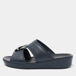 Prada Navy Blue Saffiano Leather Slides Size 40