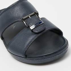 Prada Navy Blue Saffiano Leather Slides Size 40
