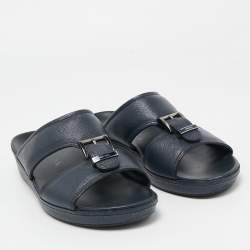Prada Navy Blue Saffiano Leather Slides Size 40