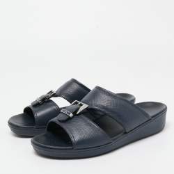 Prada Navy Blue Saffiano Leather Slides Size 40