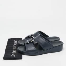 Prada Navy Blue Saffiano Leather Slides Size 40