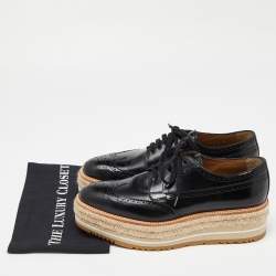 Prada Black Brogue Leather Wave Wingtip Espadrille Platform Derby Sneakers Size 42.5