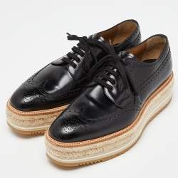 Prada Black Brogue Leather Wave Wingtip Espadrille Platform Derby Sneakers Size 42.5