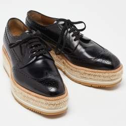 Prada Black Brogue Leather Wave Wingtip Espadrille Platform Derby Sneakers Size 42.5