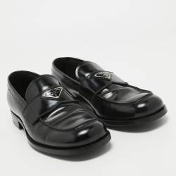 Pre Owned Prada Black Leather Logo Plaque Loafers Size 42
