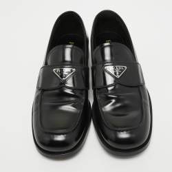 Pre Owned Prada Black Leather Logo Plaque Loafers Size 42