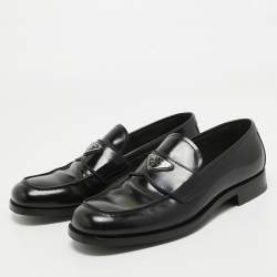 Pre Owned Prada Black Leather Logo Plaque Loafers Size 42