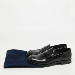 Pre Owned Prada Black Leather Logo Plaque Loafers Size 42