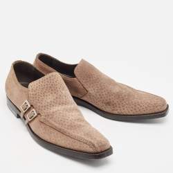 Prada Brown Textured Suede Monk Strap Loafers Size 43