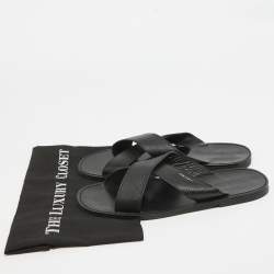 Prada Black Leather Crisscross Flat Slides Size 42