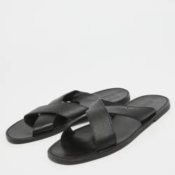 Prada Black Leather Crisscross Flat Slides Size 42