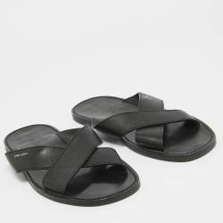 Prada Black Leather Crisscross Flat Slides Size 42