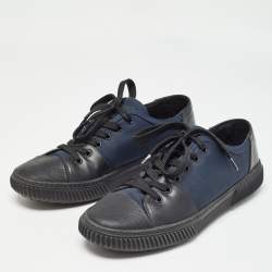 Prada Black/Blue Leather and Canvas Low Top Sneakers Size 42