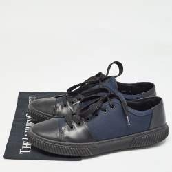 Prada Black/Blue Leather and Canvas Low Top Sneakers Size 42