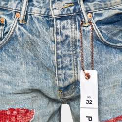 Purple-Brand Distressed Denim Bandana Patch Detail Shorts M