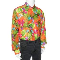 Pre Owned Ralph Lauren Orange Tropical Floral Print Silk Button Front Shirt XXL