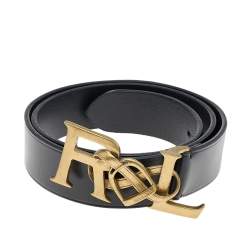 Pre Owned Ralph Lauren Black Leather Logo Belt 90CM