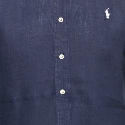Pre Owned Ralph Lauren Navy Blue Logo Embroidery Linen Button Down Shirt S