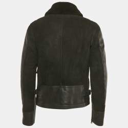 Pre Owned Ralph Lauren Black Shearling and Suede Military Bomber Jacket M