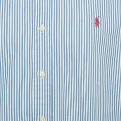 Pre Owned قميص رالف لورين أكمام كاملة قطن مقلم أزرق مقاس ضخم جداً