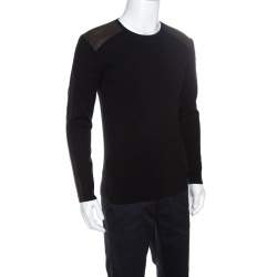 Pre Owned Ralph Lauren Charcoal Grey Merino Wool Leather Panel Detail Sweater M