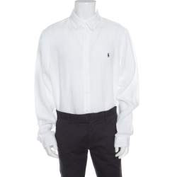 Pre Owned Ralph Lauren White Linen Logo Embroidered Slim Fit Button Down Shirt XXL