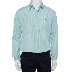Pre Owned Ralph Lauren Green Striped Cotton Button Front Custom Fit Shirt M