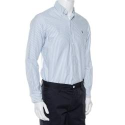 Pre Owned Ralph Lauren White & Blue Striped Cotton Logo Embroidered Button Front Shirt S