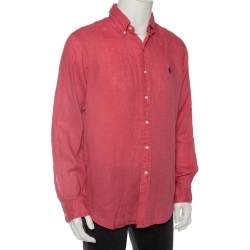 Pre Owned Ralph Lauren Pink Ocean Wash Linen Button Front Sport Shirt L