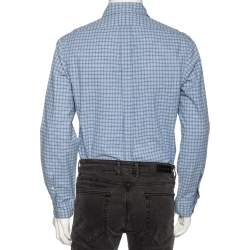 Pre Owned قميص رالف لورين قطن كاروهات أزرق أزرار أمامية مقاس وسط (ميديوم) 