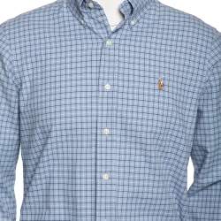 Pre Owned قميص رالف لورين قطن كاروهات أزرق أزرار أمامية مقاس وسط (ميديوم) 